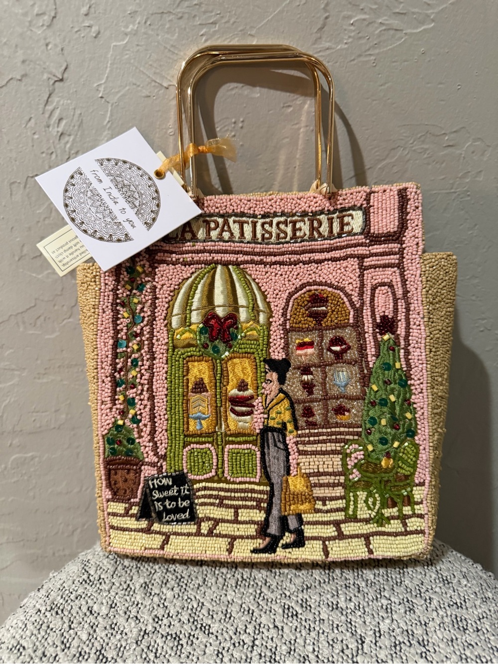 Beaded Patisserie Shopper Tote Bag in Pink